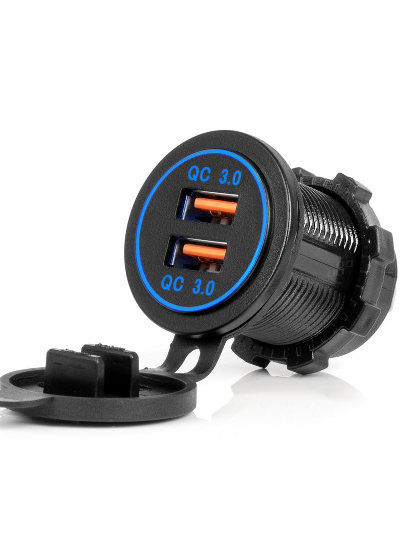 أميو شاحن هاتف مقاوم للماء مع إضاءة خلفية LED زرقاء، 2 × USB QC3.0 12/24 فولت - Image 1