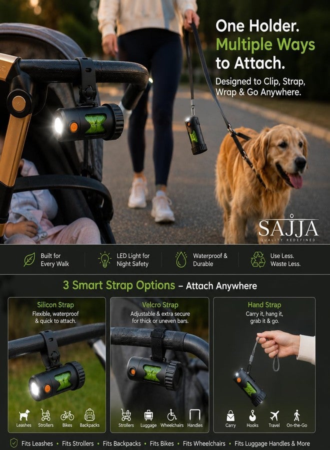 Sajja حامل أكياس فضلات الكلاب مع مصباح LED قابل لإعادة الشحن - فتاحة أكياس سريعة الفتح بمقبض سيليكون، موزع بدون استخدام اليدين مع أحزمة سيليكون وفيلكرو وحزام يد - يناسب أي مقود لسهولة تمشية الكلب - Image 2