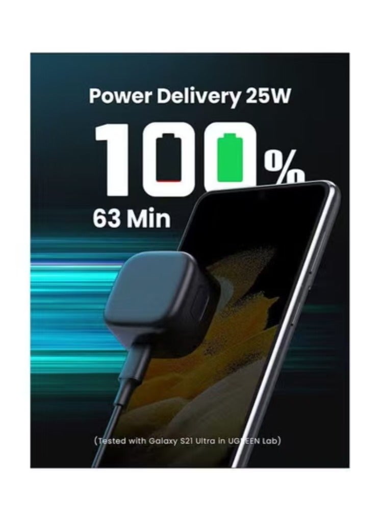 Captaintech 25W USB-C Fast Charger with Cable – Compatible with Samsung Galaxy S21/S20/Note 20/10, iPad Pro/Air 4/Mini 6 – PD Wall Charging Adapter (Black) - Image 2