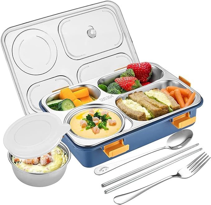 TOYTASTIC Lunch Box for Adults Lunch Box for Kids Stainless Steel Lunch Box with Fork,Chopstick & Spoon Lid Office Food Container 4 Compartment for Kids & Adults (Blue), 1250 ml - Image 1
