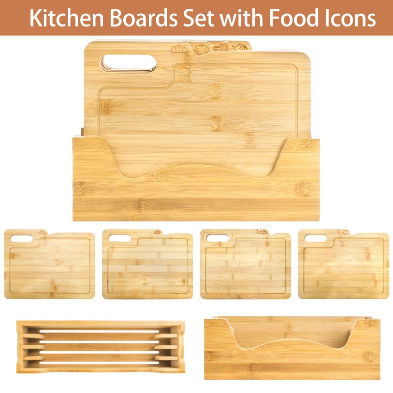 ZENFUN 4 Pack 12.5"L x 9.8"W Bamboo Cutting Boards with Holder, Wood Cutting Board Set, Chopping Boards Set with Food Icons, Kitchen Cutting Board Ideal for Meat, Fish, Bread, Vegetable, Fruit - Image 4