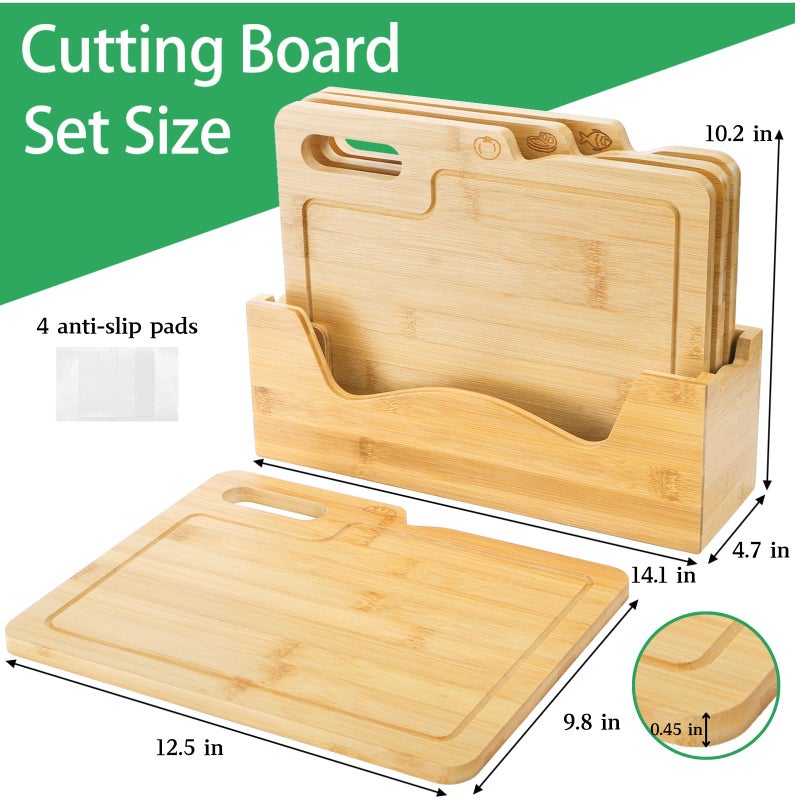 ZENFUN 4 Pack 12.5"L x 9.8"W Bamboo Cutting Boards with Holder, Wood Cutting Board Set, Chopping Boards Set with Food Icons, Kitchen Cutting Board Ideal for Meat, Fish, Bread, Vegetable, Fruit - Image 2