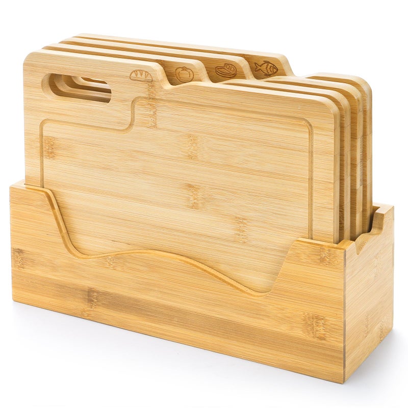ZENFUN 4 Pack 12.5"L x 9.8"W Bamboo Cutting Boards with Holder, Wood Cutting Board Set, Chopping Boards Set with Food Icons, Kitchen Cutting Board Ideal for Meat, Fish, Bread, Vegetable, Fruit - Image 3