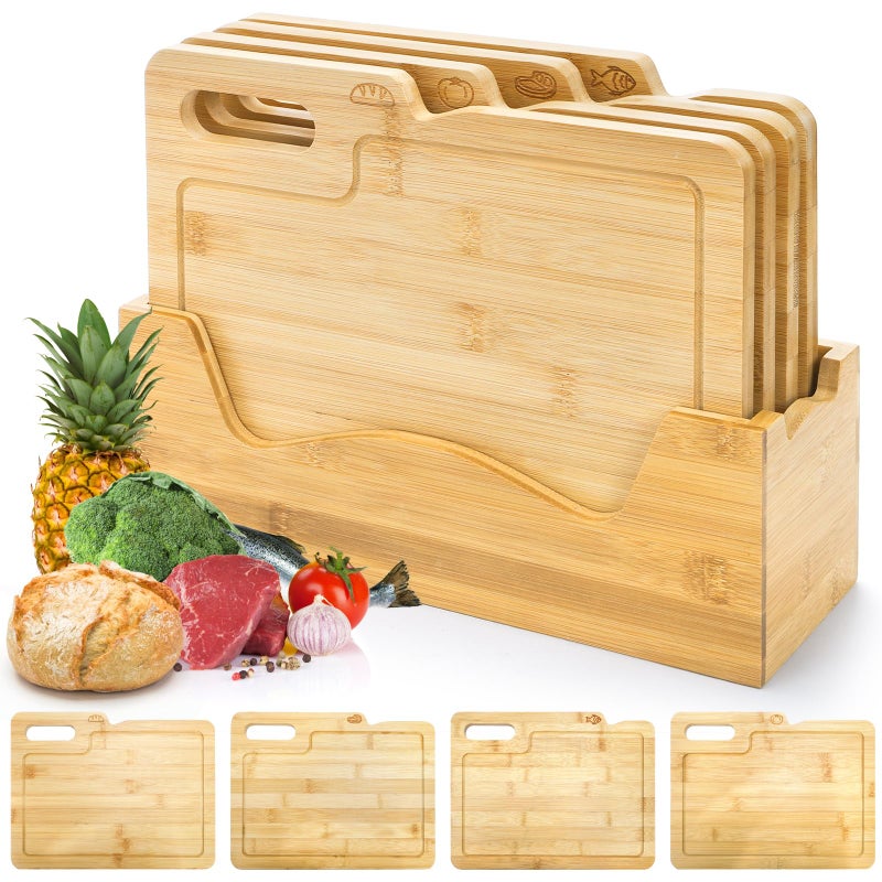 ZENFUN 4 Pack 12.5"L x 9.8"W Bamboo Cutting Boards with Holder, Wood Cutting Board Set, Chopping Boards Set with Food Icons, Kitchen Cutting Board Ideal for Meat, Fish, Bread, Vegetable, Fruit - Image 1