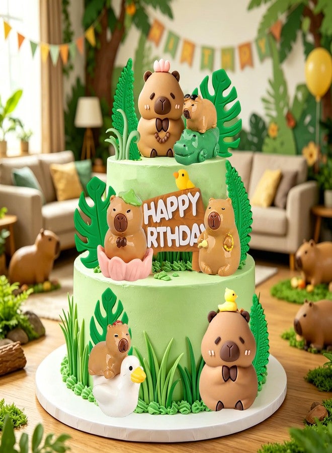 Tyotrbs Capybara Cake Topper Capybara Figurine Birthday Cake Decorations with Duck Cake Topper for Capybara BabyShower Birthday Party Supplies (green) - Image 2