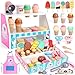 Melofaver Ice Cream Toy Wooden Ice Cream Play Set with Aprons Fake Money Scoop Menu Ice Cream Toys Pretend Play Toys for Girls Boys Wooden Play Food Set Toy Kitchen Gifts for 3 4 5 6 Year Old Toddlers - Image 2