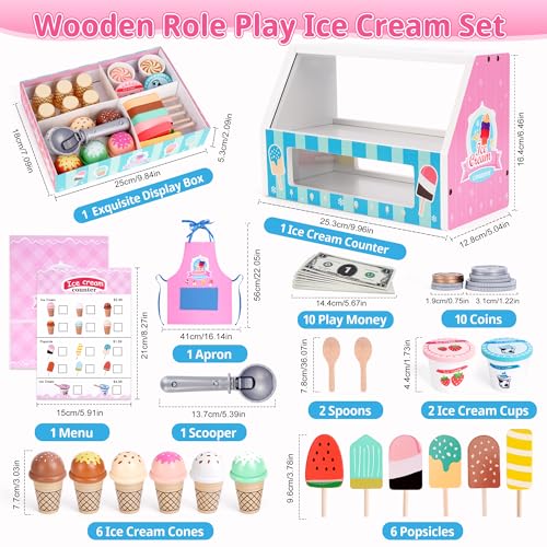 Melofaver Ice Cream Toy Wooden Ice Cream Play Set with Aprons Fake Money Scoop Menu Ice Cream Toys Pretend Play Toys for Girls Boys Wooden Play Food Set Toy Kitchen Gifts for 3 4 5 6 Year Old Toddlers - Image 5
