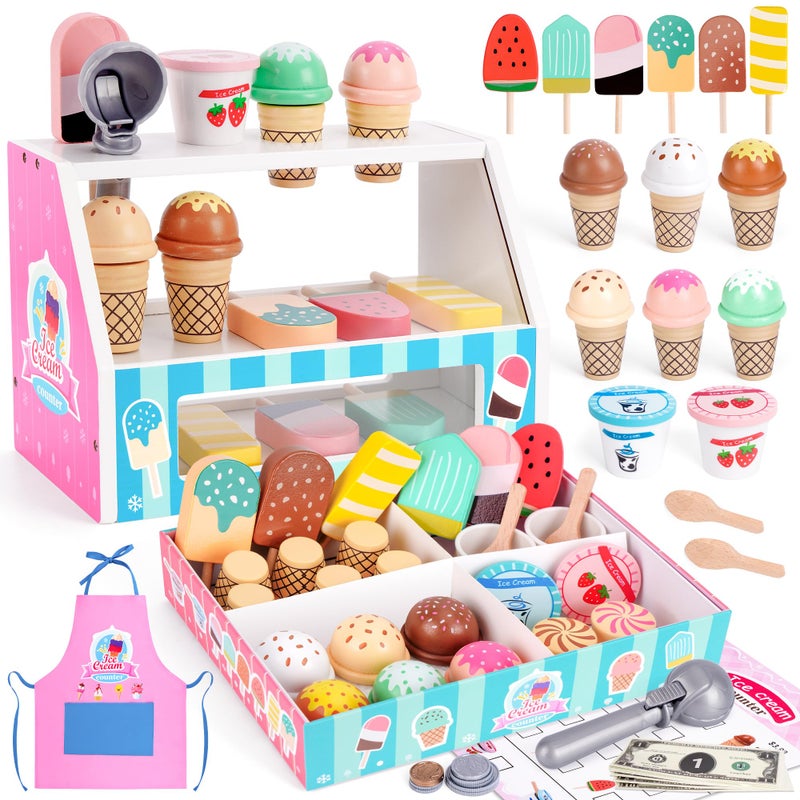 Melofaver Ice Cream Toy Wooden Ice Cream Play Set with Aprons Fake Money Scoop Menu Ice Cream Toys Pretend Play Toys for Girls Boys Wooden Play Food Set Toy Kitchen Gifts for 3 4 5 6 Year Old Toddlers - Image 3
