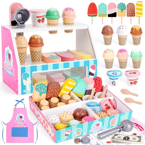 Melofaver Ice Cream Toy Wooden Ice Cream Play Set with Aprons Fake Money Scoop Menu Ice Cream Toys Pretend Play Toys for Girls Boys Wooden Play Food Set Toy Kitchen Gifts for 3 4 5 6 Year Old Toddlers - Image 1
