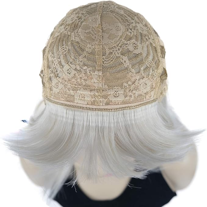 Lydell 8 Straight Short Bob Hair Flat Bangs Cute Central Dot Skin Top Heat Resistant Synthetic Wigs Pale Blonde