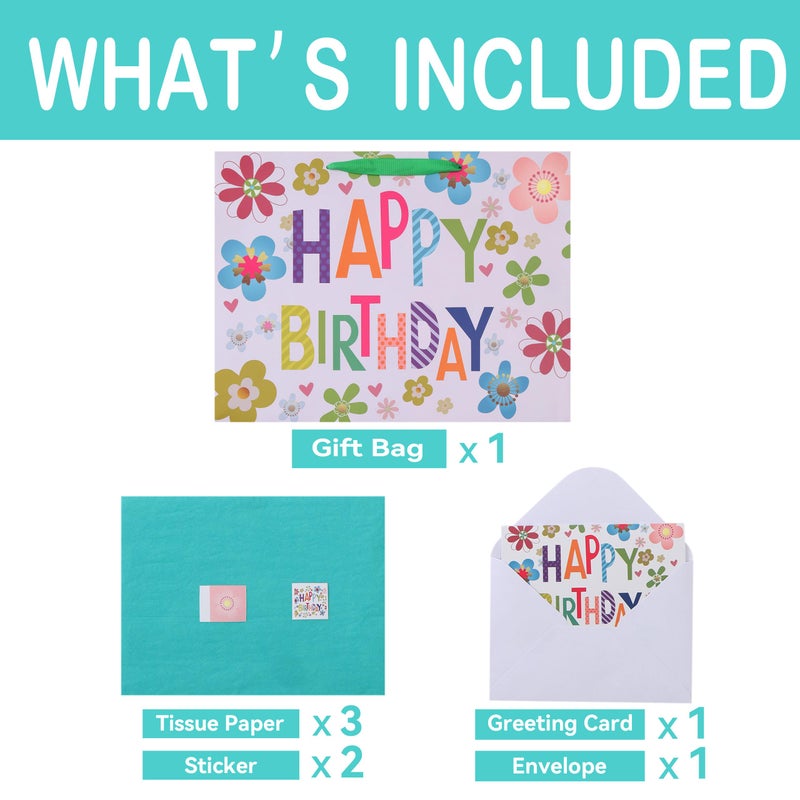 Qirrmiy 16.5â€ Extra Large Colorful Happy Birthday Gift Bag Set with Handles, Greeting Card, Tissue Papers and Stickers for Kids, Women, Girls, Baby Shower, Newborn, New Moms or Parents, 1 Pcs - Image 3