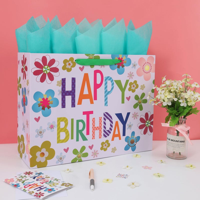 Qirrmiy 16.5â€ Extra Large Colorful Happy Birthday Gift Bag Set with Handles, Greeting Card, Tissue Papers and Stickers for Kids, Women, Girls, Baby Shower, Newborn, New Moms or Parents, 1 Pcs - Image 5