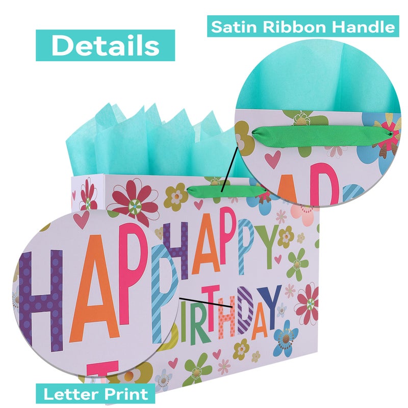 Qirrmiy 16.5â€ Extra Large Colorful Happy Birthday Gift Bag Set with Handles, Greeting Card, Tissue Papers and Stickers for Kids, Women, Girls, Baby Shower, Newborn, New Moms or Parents, 1 Pcs - Image 4
