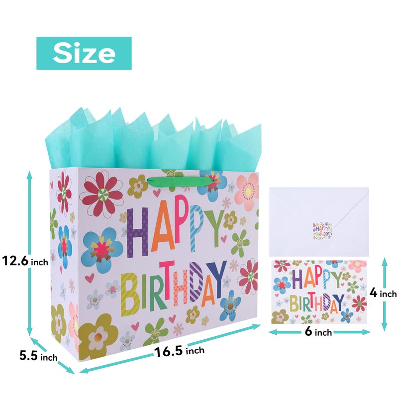 Qirrmiy 16.5â€ Extra Large Colorful Happy Birthday Gift Bag Set with Handles, Greeting Card, Tissue Papers and Stickers for Kids, Women, Girls, Baby Shower, Newborn, New Moms or Parents, 1 Pcs - Image 2