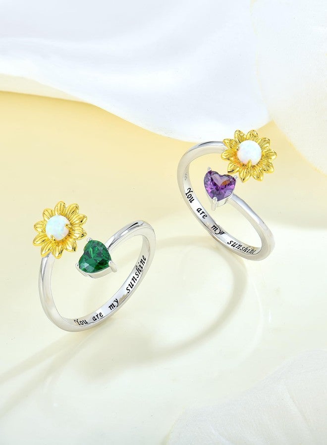 YL Green Emerald White Opal Sunflower Heart Open Rings Women 925 Sterling Silver Created Birthstone Statement Ring You Are My Sunshine Ring Promise Eternity bands Size 7 - Image 4