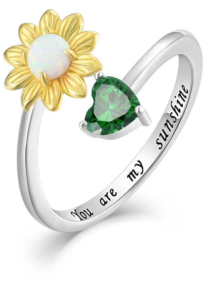 YL Green Emerald White Opal Sunflower Heart Open Rings Women 925 Sterling Silver Created Birthstone Statement Ring You Are My Sunshine Ring Promise Eternity bands Size 7 - Image 1