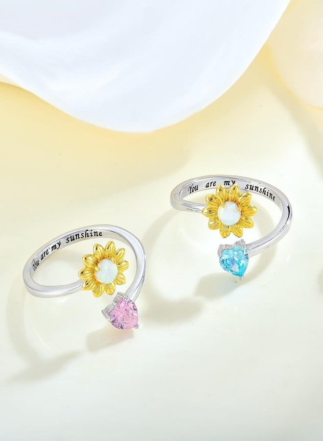 YL Green Emerald White Opal Sunflower Heart Open Rings Women 925 Sterling Silver Created Birthstone Statement Ring You Are My Sunshine Ring Promise Eternity bands Size 7 - Image 5