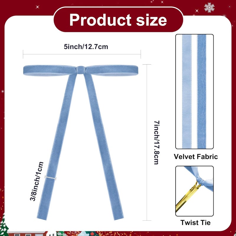 Utehilly Light Blue Vintage Velvet Bows Decorations Small Ornaments for Christmas Tree, Garland, Wreath, Door, Outdoor (24 Pcs, 5 * 7 Inch) - Image 2
