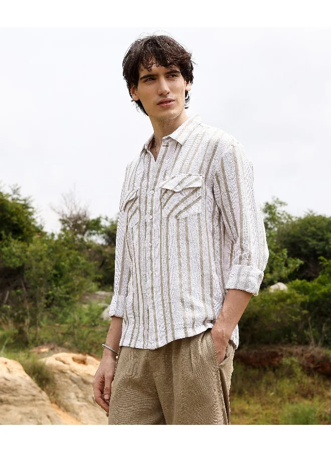 Men's Off-White & Saltbox Beige Utility Halo-Stripe Oversized Shirt