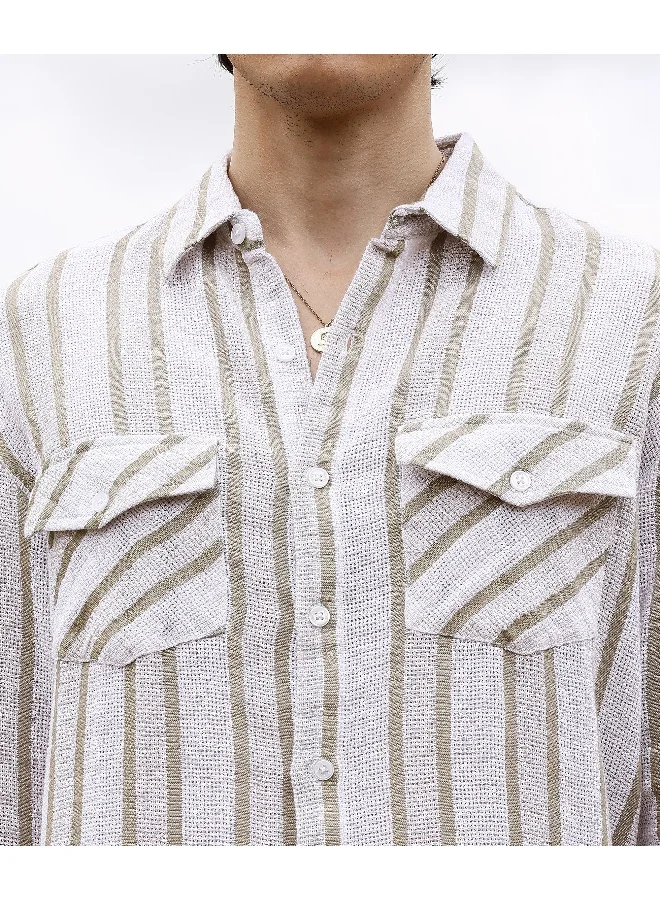 CAHOOT  Men's Off-White & Saltbox Beige Utility Halo-Stripe Oversized Shirt for Men | Best Price UAE