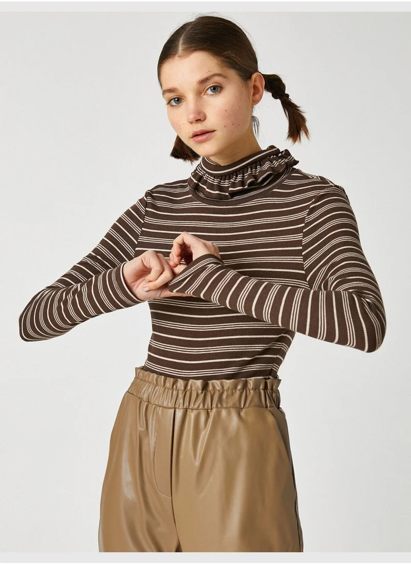 كوتون Frill Detailed Long Sleeve Striped T-Shirt