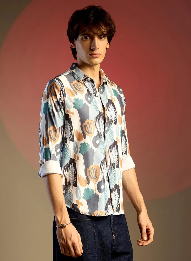 Campus Sutra Men's Prussian Blue & Sienna Brown Foliage Strokes Shirt
