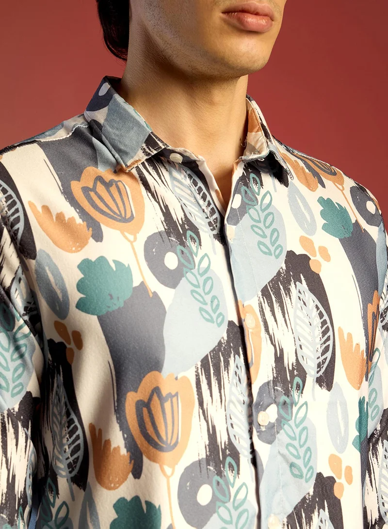 Campus Sutra Men's Prussian Blue & Sienna Brown Foliage Strokes Shirt