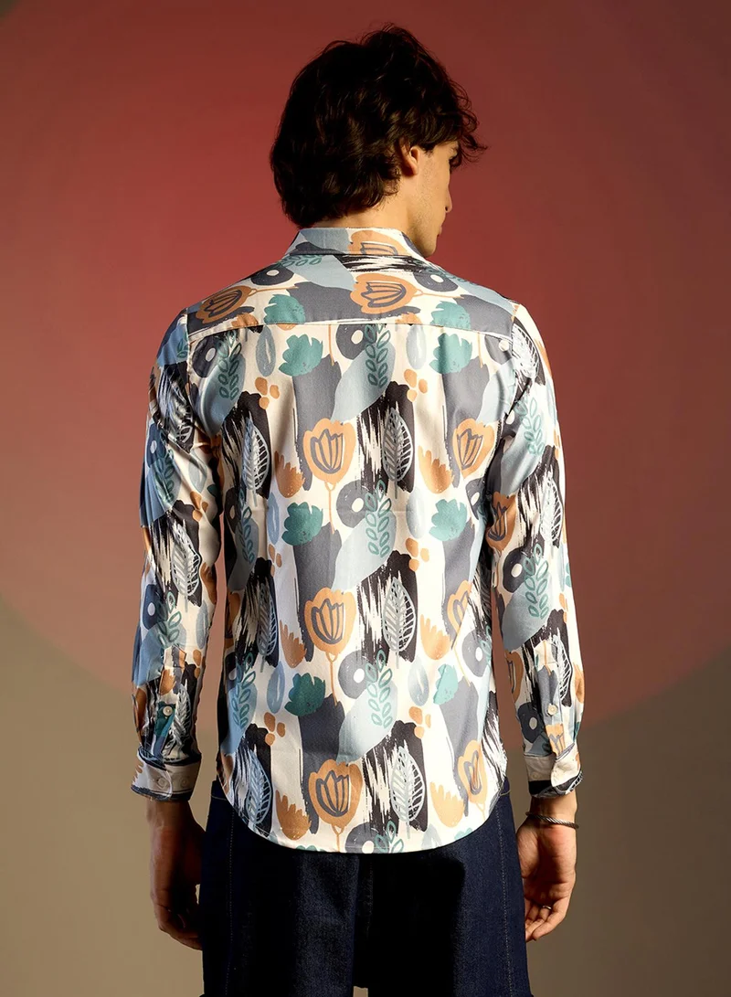 Campus Sutra Men's Prussian Blue & Sienna Brown Foliage Strokes Shirt