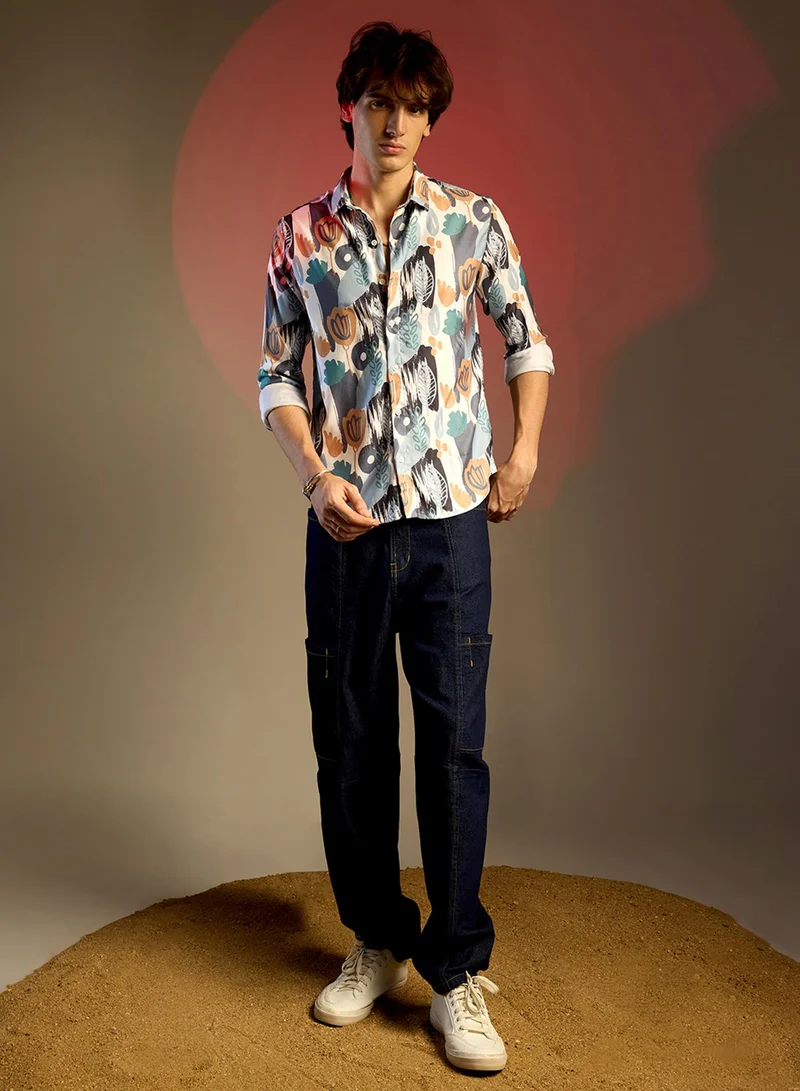 Campus Sutra Men's Prussian Blue & Sienna Brown Foliage Strokes Shirt