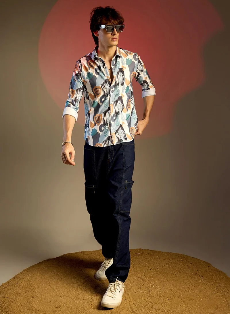 Campus Sutra Men's Prussian Blue & Sienna Brown Foliage Strokes Shirt