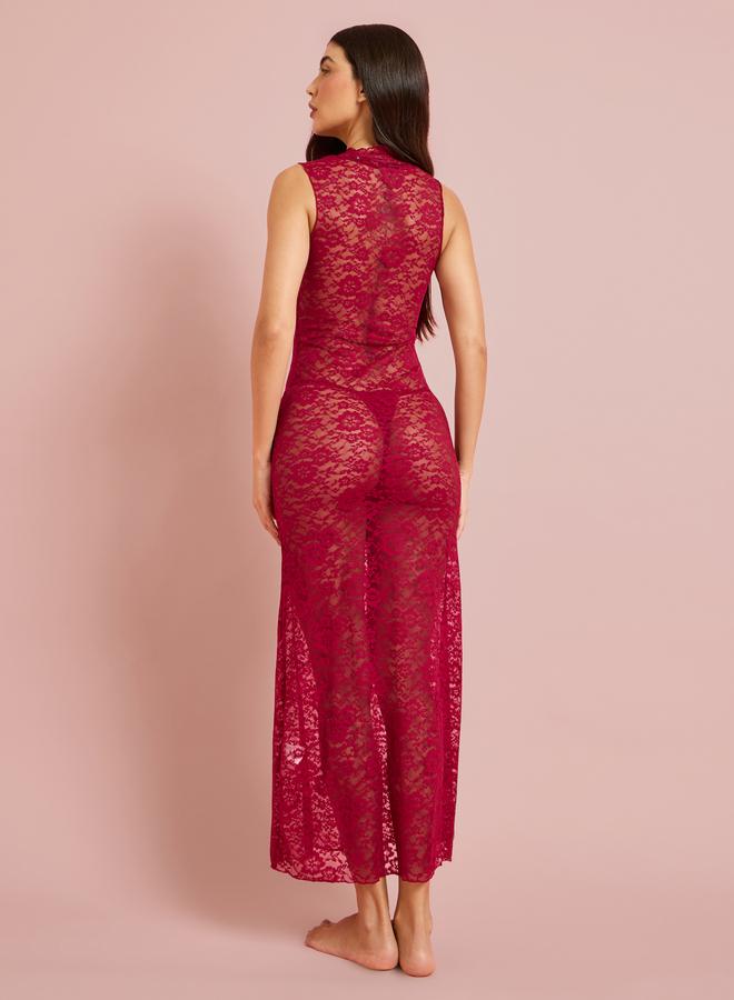 Styli Burgundy V Neck Lace Fitted Slip with Brief - Image 3
