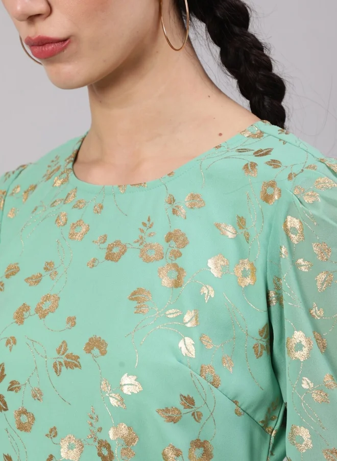 أيه كيه إس Floral Printed Sea Green Top for Women
