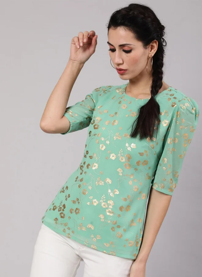 أيه كيه إس Floral Printed Sea Green Top for Women
