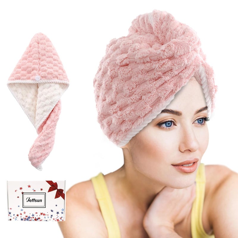 JEFFSUN Microfiber Hair Drying Towel Wrap 2Layer Extra Thick Super Absorbent Hooded Hair Towel for Women Long Wet Hair 2 Colors Pink  White Reversible Hair Turban Towel Girls Stocking Stuffers