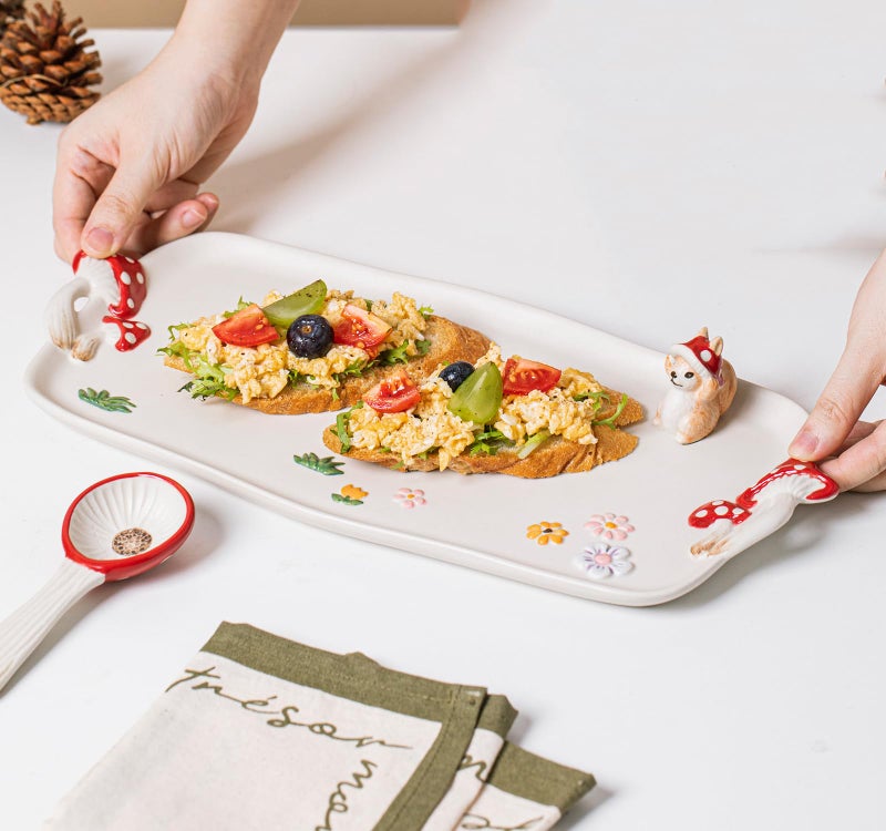 RESVUGA Mushroom Ceramic Tray, Rectangle 14 in Double Handle Dessert Appetizer Baking Dishes, Cute Steak Dinner Plates, Decorative Plate with Cute Squirrels. Novel Christmas Cutlery Gifts. - Image 2