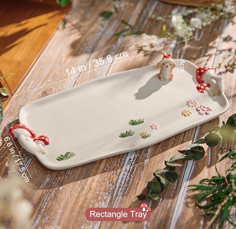 RESVUGA Mushroom Ceramic Tray, Rectangle 14 in Double Handle Dessert Appetizer Baking Dishes, Cute Steak Dinner Plates, Decorative Plate with Cute Squirrels. Novel Christmas Cutlery Gifts. - Image 3
