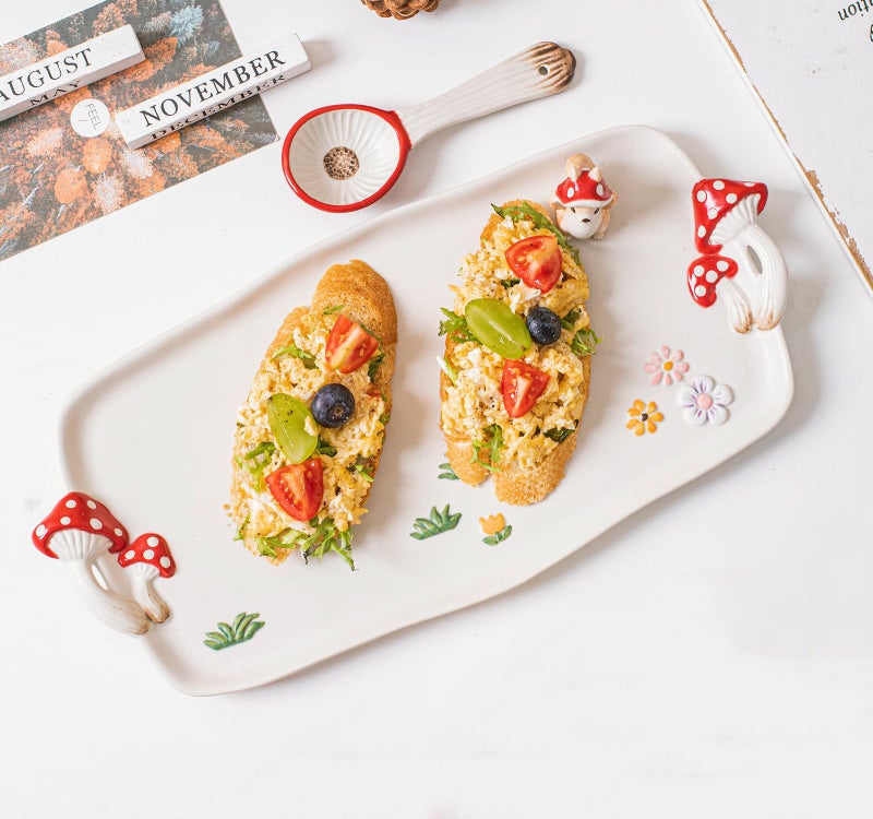 RESVUGA Mushroom Ceramic Tray, Rectangle 14 in Double Handle Dessert Appetizer Baking Dishes, Cute Steak Dinner Plates, Decorative Plate with Cute Squirrels. Novel Christmas Cutlery Gifts. - Image 4