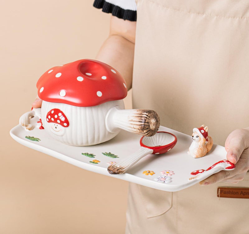 RESVUGA Mushroom Ceramic Tray, Rectangle 14 in Double Handle Dessert Appetizer Baking Dishes, Cute Steak Dinner Plates, Decorative Plate with Cute Squirrels. Novel Christmas Cutlery Gifts. - Image 5
