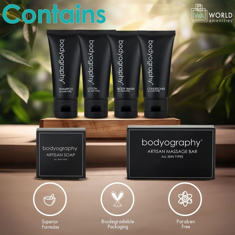 world amenities Bodyography Toiletry Kit 6 Piece Set Shampoo Conditioner Body Wash Lotion Hand Soap Massage Bar Clear Travel Bag - Image 4