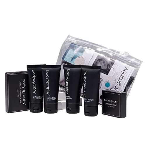 world amenities Bodyography Toiletry Kit 6 Piece Set Shampoo Conditioner Body Wash Lotion Hand Soap Massage Bar Clear Travel Bag - Image 5