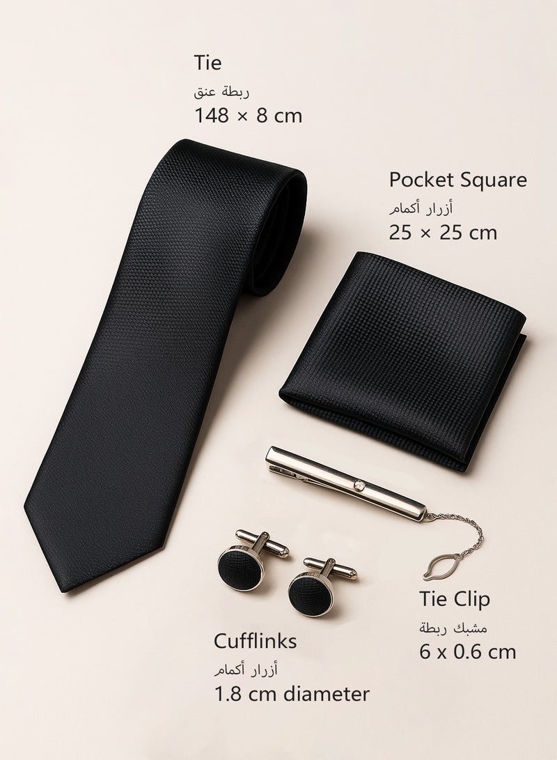 فوريكاسا طقم ربطة عنق فاخر من 4 قطع للرجال – ربطة بنقشة مربعات دقيقة، أزرار أكمام، مشبك، ومنديل جيب متناسق - Image 2