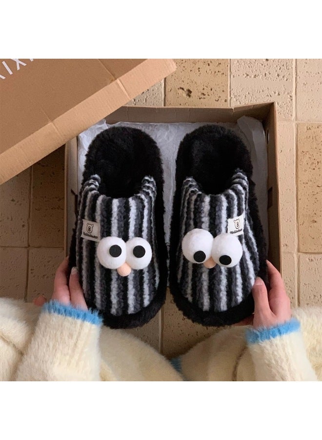 Furry Slippers For Women In Winter Fleece-lined To Heattech Home Indoor Non-slip Cute Big Eye Stripesd Color Matching Toe Cotton Slippers
