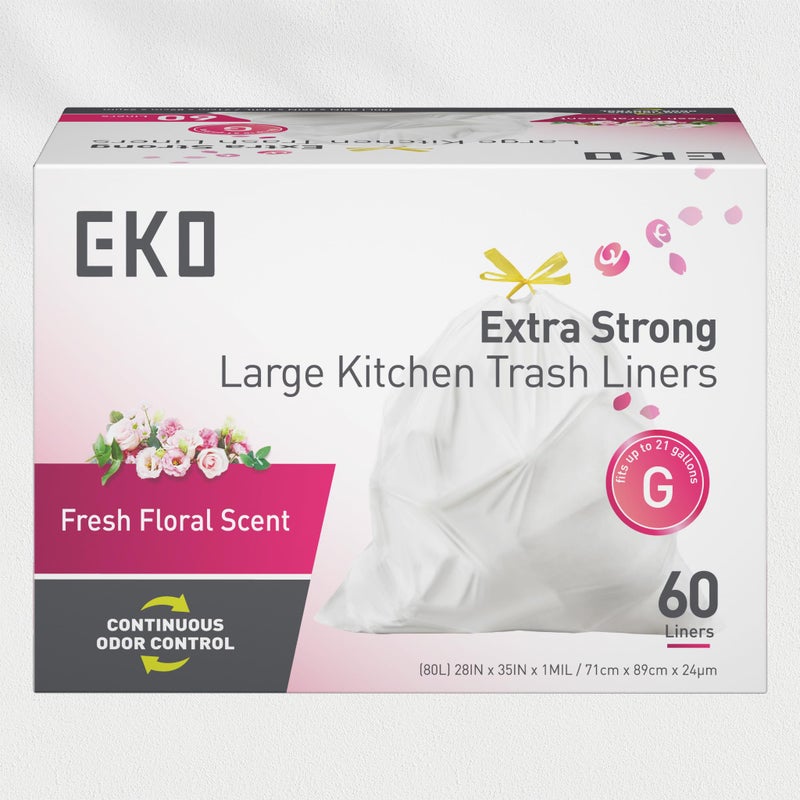EKO 21 Gallon / 50-90 Liter, 60 Count Drawstring Trash Bags, Extra-Strong Garbage Bags, Fresh Floral Scent with Continuous Odor Control, Easy-Dispense Roll for Kitchen and Household Use, Code G, White - Image 2