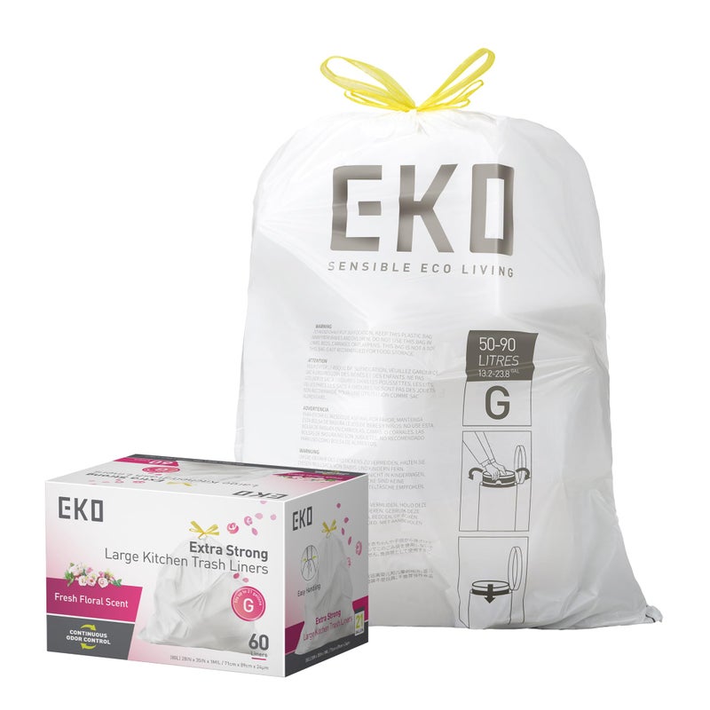 EKO 21 Gallon / 50-90 Liter, 60 Count Drawstring Trash Bags, Extra-Strong Garbage Bags, Fresh Floral Scent with Continuous Odor Control, Easy-Dispense Roll for Kitchen and Household Use, Code G, White - Image 1