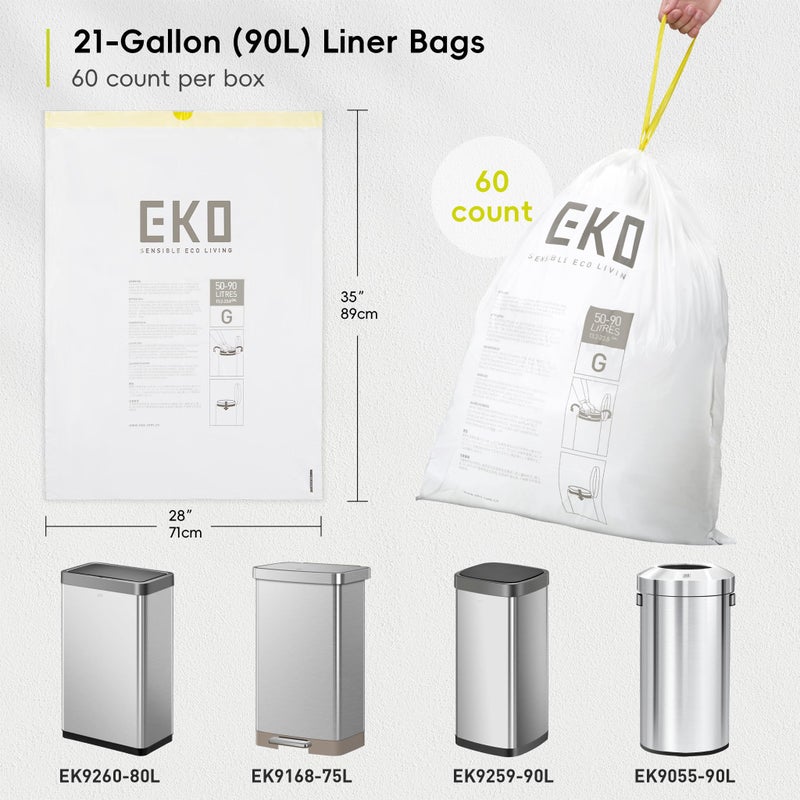 EKO 21 Gallon / 50-90 Liter, 60 Count Drawstring Trash Bags, Extra-Strong Garbage Bags, Fresh Floral Scent with Continuous Odor Control, Easy-Dispense Roll for Kitchen and Household Use, Code G, White - Image 4