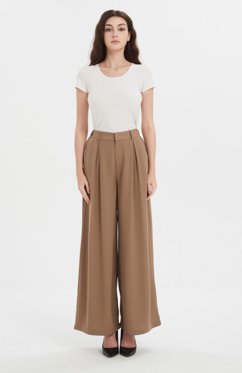 Tronjori Women High Waist Casual Wide Leg Long Palazzo Pants Trousers Regular Size(S Short, Taupe) - Image 1