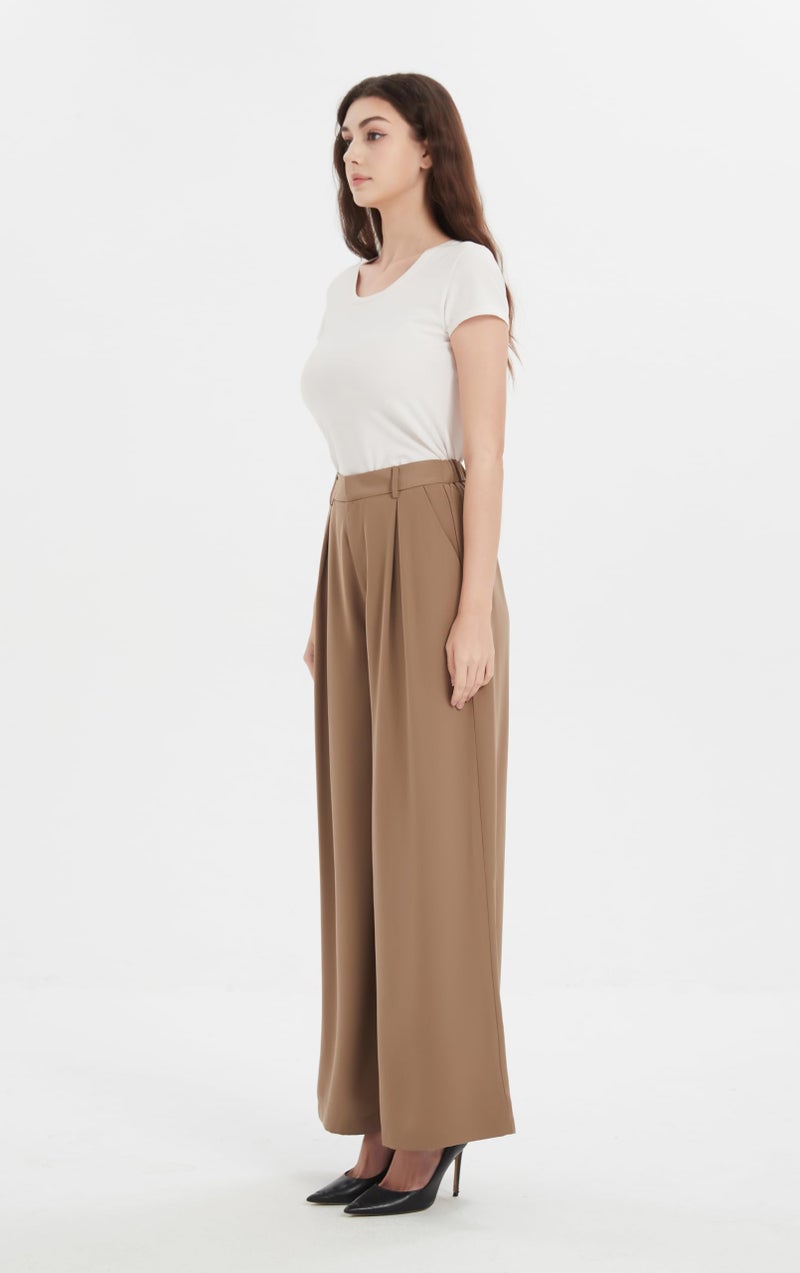 Tronjori Women High Waist Casual Wide Leg Long Palazzo Pants Trousers Regular Size(S Short, Taupe) - Image 4