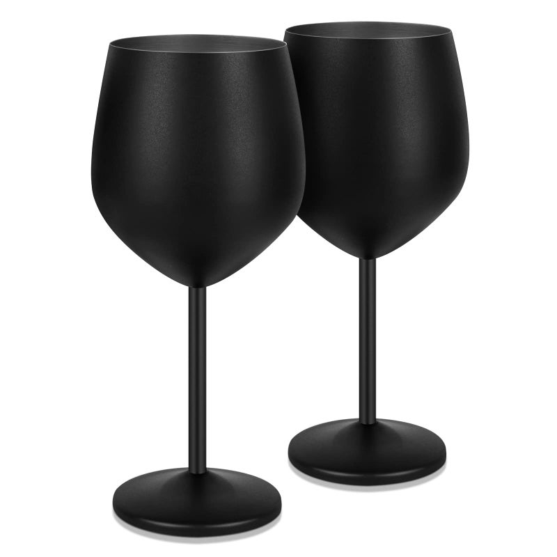 Lifecapido Stainless Steel Wine Glasses Set of 2 18oz Stainless Steel Stem Wine Goblets Stemmed Metal Wine Glasses with Cup Brush for Party Office Anniversary Great for Red White Wine Black