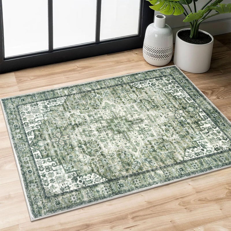 SIILOOM 2x3 Washable Rug for Entryway Green Soft Traditional Printed Area Rug NonSlip Kitchen Rugs LowPile Medallion Indoor Door Mat Farmhouse Carpet for Entrance Kitchen Foyer