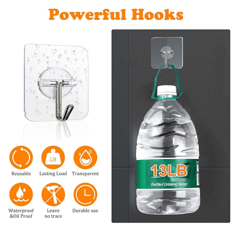 COLOGO Adhesive Hooks 24lbMax 60 Pack Heavy Duty Self Adhesive Hooks Transparent Reusable Seamless Adhesive Wall Hooks for Kitchens Bathroom Office - Image 2